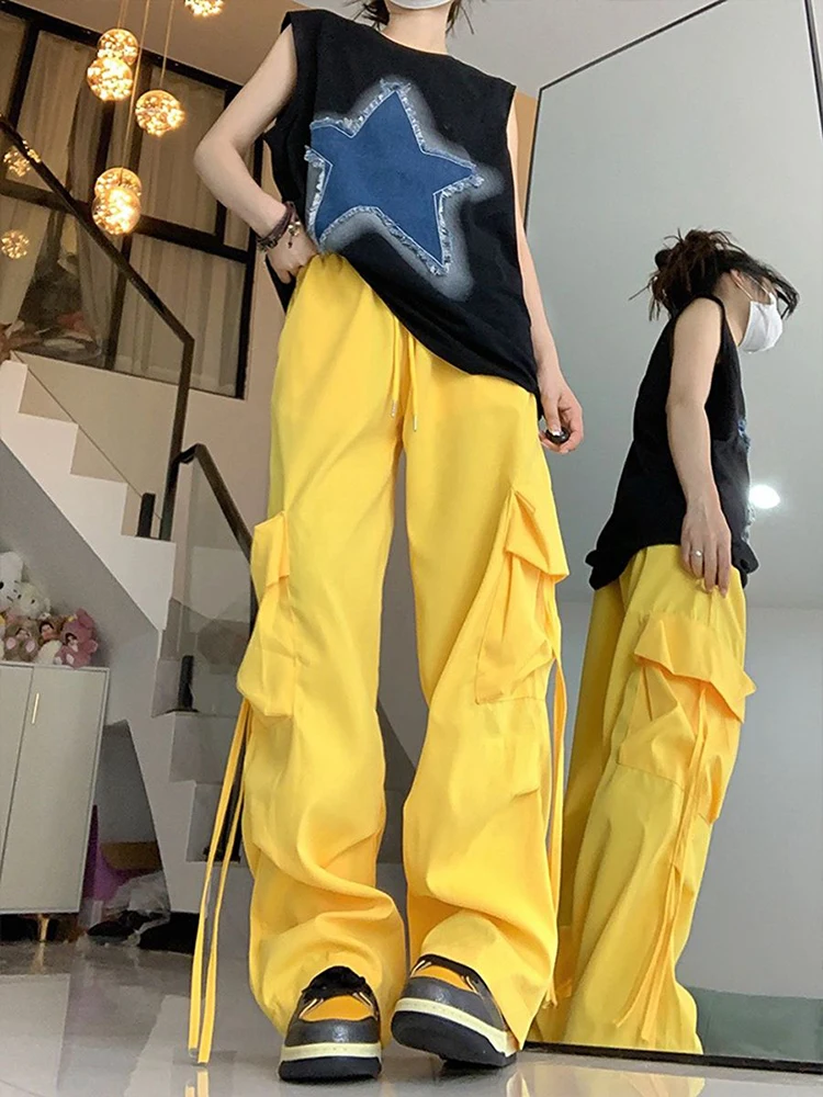 Luźne spodnie Cargo z wysokim stanem Y2K duże odzież uliczna z kieszeniami spodnie studenckie luźne jesienne koreańskie spodnie jednolity, damski