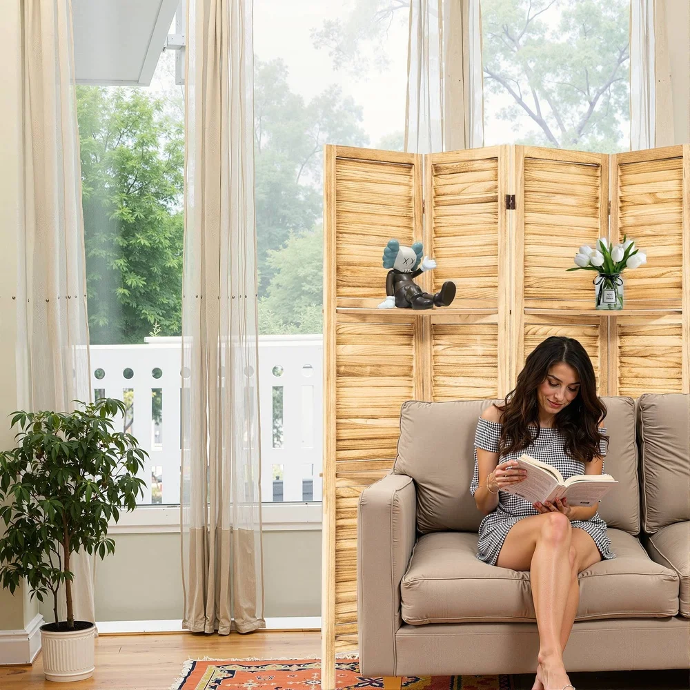 4 Panel Freestanding Wood Room Divider with Multi Layer Display Shelves Durable Natural Wood Indoor Partition Organizer