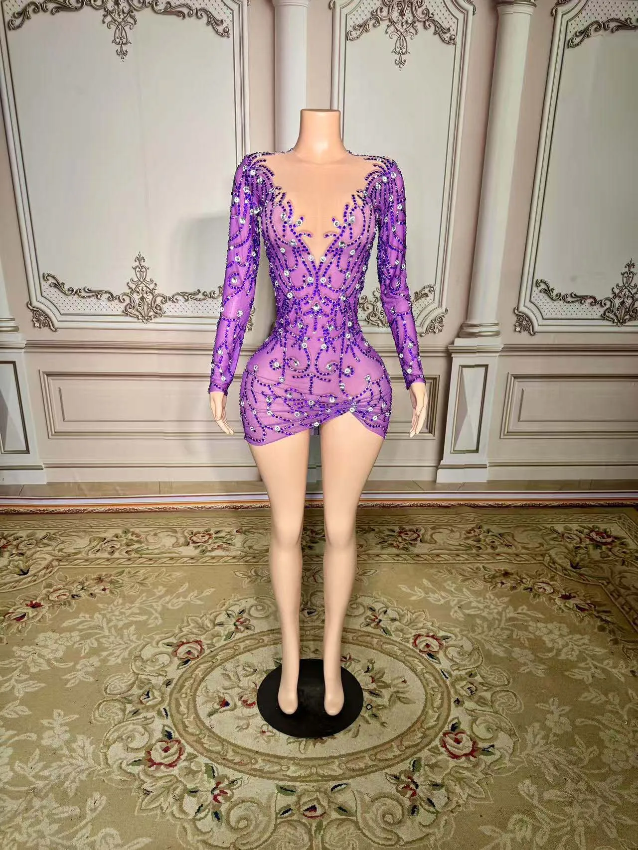

Sparkly Purple Rhinestones Dress V-neck Birthday Celebrate Transparent Dress Women Dancer Dresses