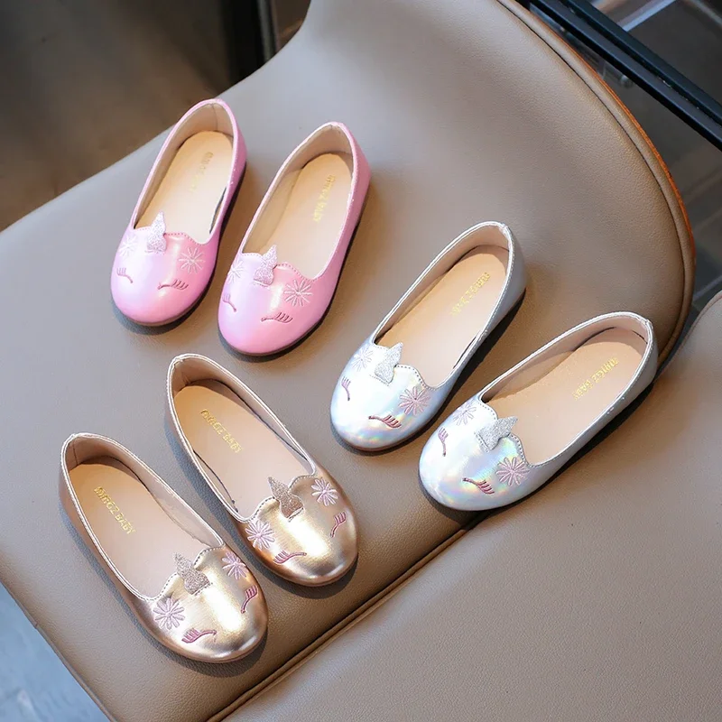 Girls Unicorn Leather Shoes Children Flats Loafers Fashion Kids Princess Shoes for Party Wedding Simple Soft Spring Autumn 2024