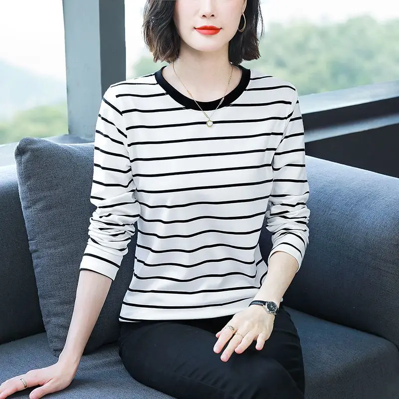 Fashion O-Neck All-match Long Sleeve Striped T-Shirts Women's Clothing 2024 Autumn New Loose Commuter Tops Casual Tee Shirts