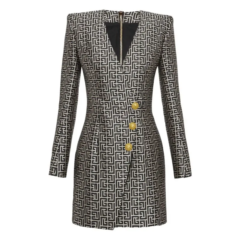 

customized New fashionable jacquard fabric V-neck slim fit and slimming three button long sleeved dress jacket dress