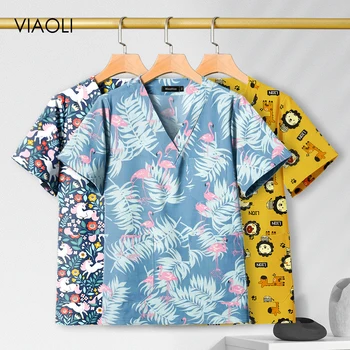 Koszulka z dekoltem w serek z krótkim rękawem nadruk kreskówkowy szorować Unisex oddychające suknie chirurgiczne kobieta mężczyzna pielęgniarka odzież dentystyczna klinika bluzki do pracy