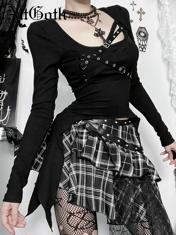 

AltGoth Streetwear Cyber Punk Gothic T-shirt Women Y2k E-girl Harajuku Grunge Emo Alternative Irregular Long Sleeve Crop Tee Top