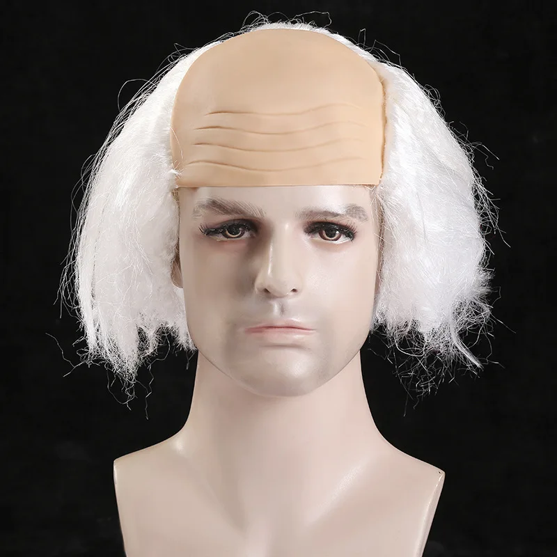 Bald Top Old Man Synthetic Wig Side Messy Curly Hair Unisex Elder Scientist Character Halloween Party Funny Cosplay Retro Comedy