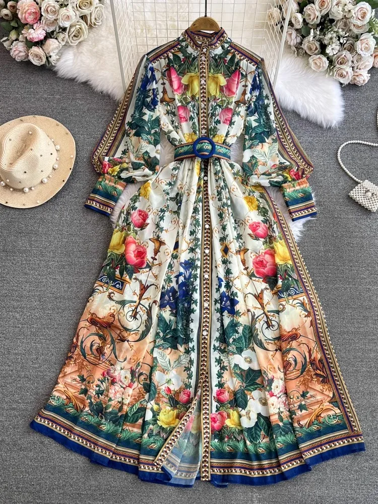 Spring Summer Holiday Gorgeous Flower Chiffon Dresses Women's Stand Long Lantern Sleeve Belt Floral Print Loose Robe Vestidos