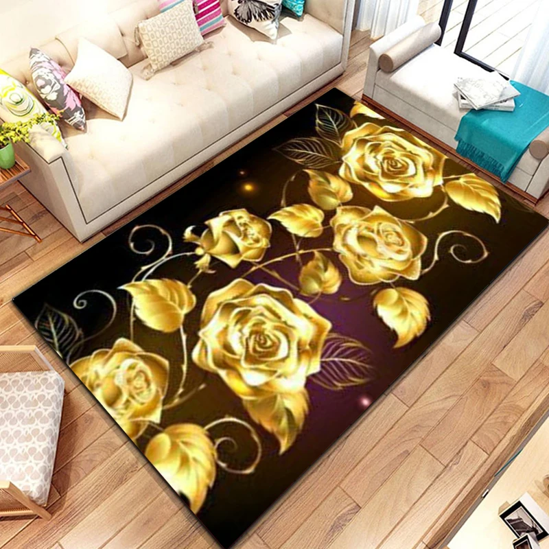 Fashion  Rose Rug Home Anti-Slip Gold Rose Pattern Floor Mat Children's Bedroom Carpet Living Room Carpet  rugs for bedroom