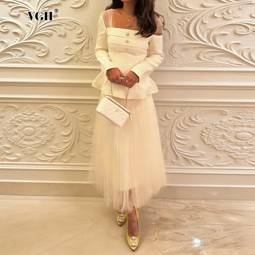 

VGH Commute Elegant Two Piece Set for Women Off One Shoulder Slim Decorative Buttons Peplum Top Tulle Skirt for Wedding Guest