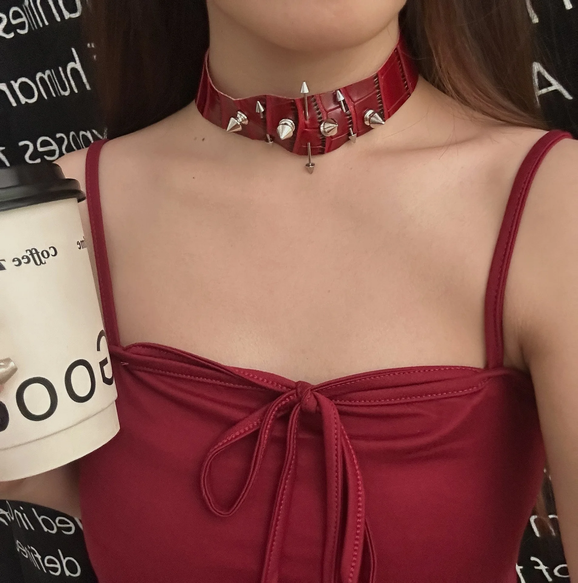 

Vintage Choker Gothic Satan Necklace Dark Tie Irregular Burgundy Leather Riveted Collar Grunge Jewelry Pendant Necklaces Gifts