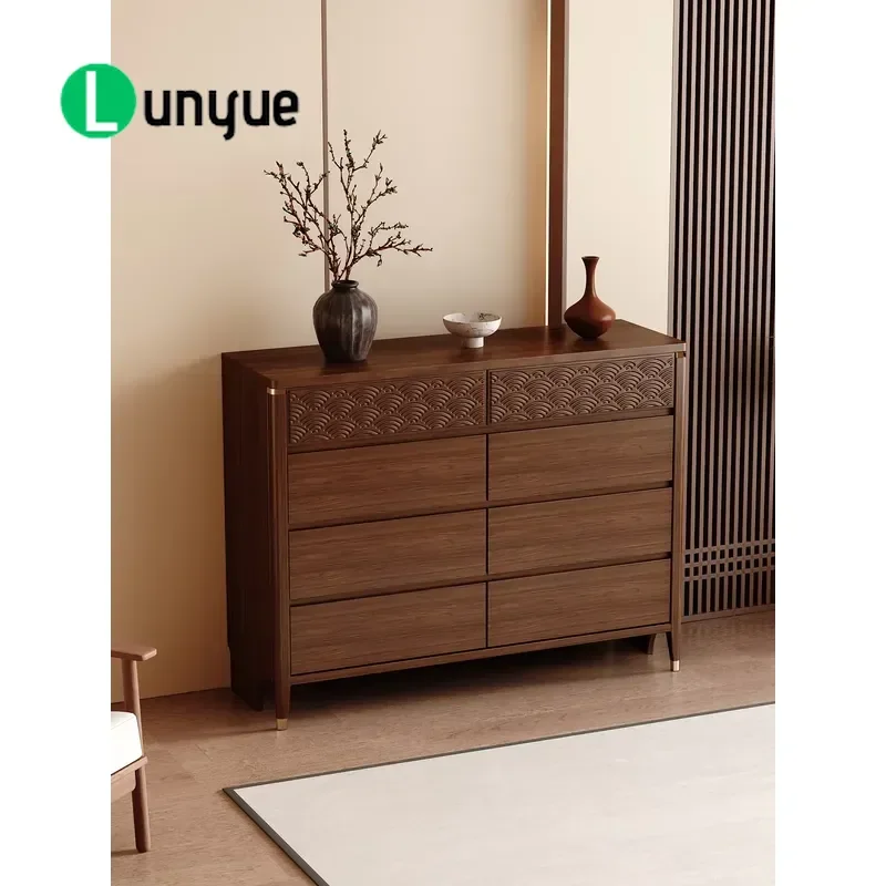 Modern 6 Drawer Dresser Luxury Oak Wood 3D Wave Engraved Design Silent Slides Steel Trim Multi Purpose Storage Cabinet for