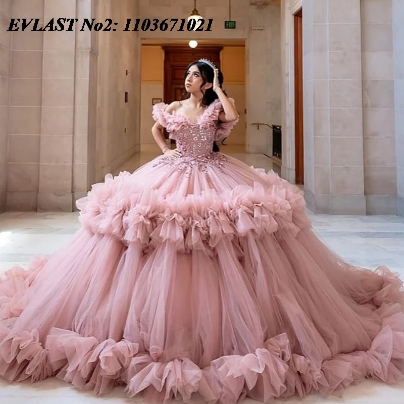 

EVLAST розовое платье принцессы Quinceanera по индивидуальному заказу, бальное платье с блестящей кружевной аппликацией и бисером, многоуровневое сладкое платье 16, Vestidos 15 Anos E2QA202