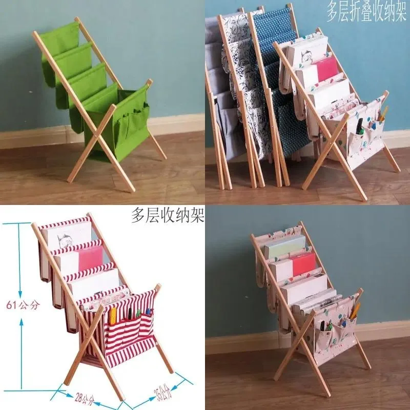 Solid Wood Fabric Bookshelf Folding Display Rack for Magazines Newspapers Textbooks Cultural Goods Storage Organizer