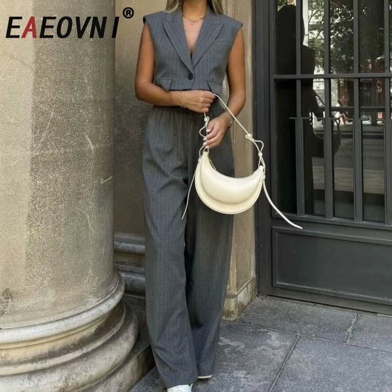 

EAEOVNI Women Fashion Striped 2 Piece Set Sleeveless Button Short Vest Coat + Wide Leg Trousers High Street 2025 New 1A655