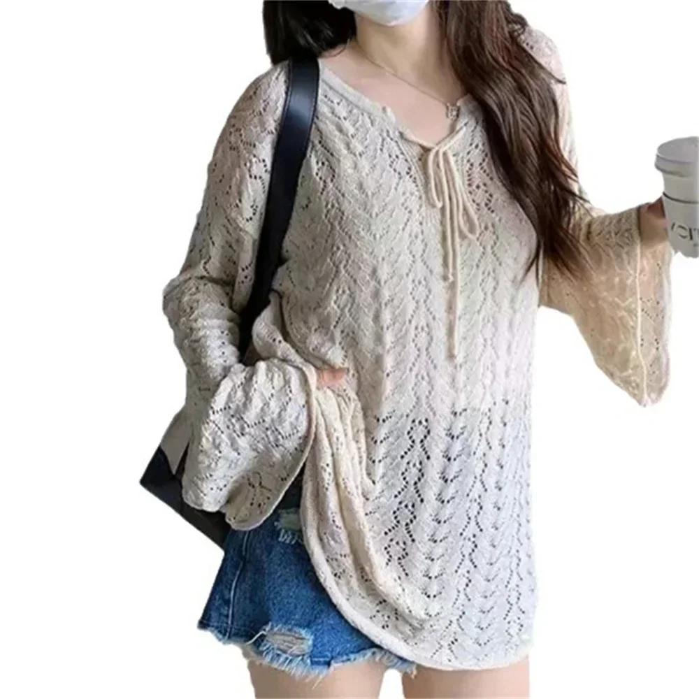 Hollow Out Pullovers Holiday Streetwear Fashion Lovely Girlish Thin Knit Fashion Women Lace-up V-neck Spring Vintage Sweaters