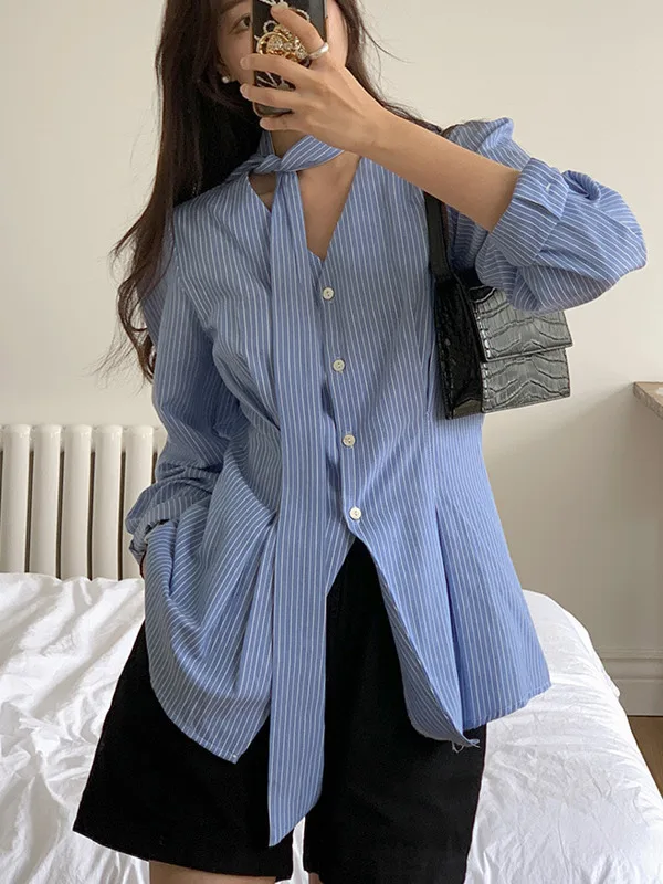 

Slimming Stripe irt Women's V-ne Long Sve Ne Hanging Button Chic Autumn Retro Sle Commute Faion Chinese Origin