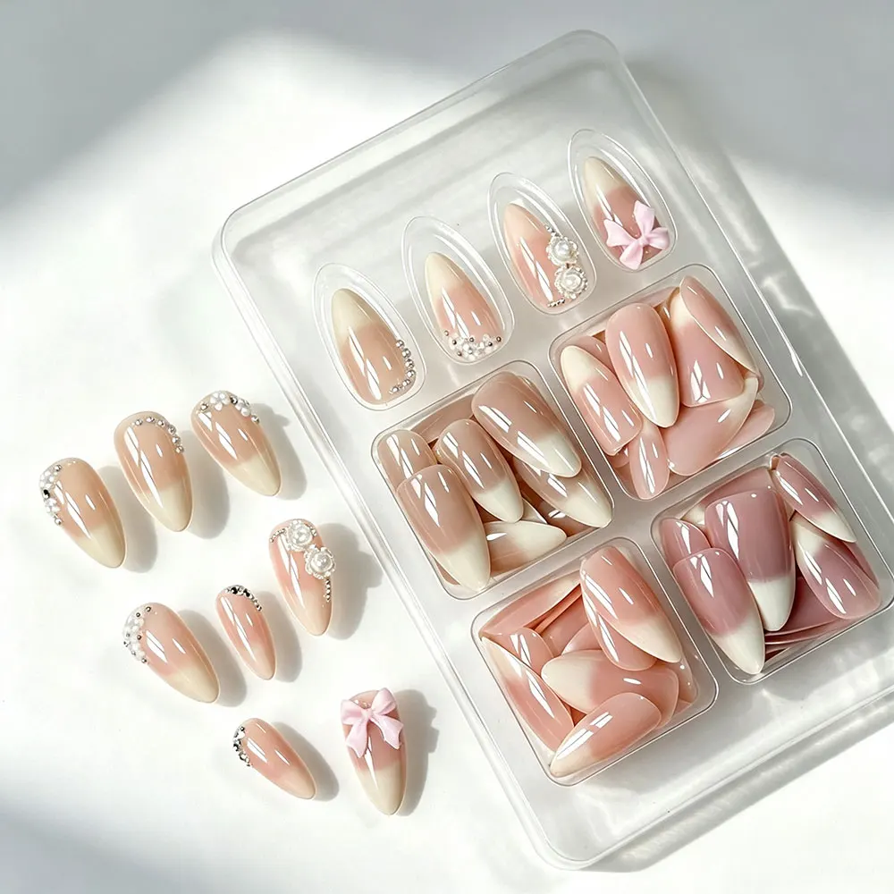 120 Stück glänzende braun-rosa-nude Ombre French Press-On Nägel, mittlere Größe, Mandelform, Perlen, Schleife, Blumen, künstliche Nägel, vollständige Abdeckung, D&3 – Detail 4