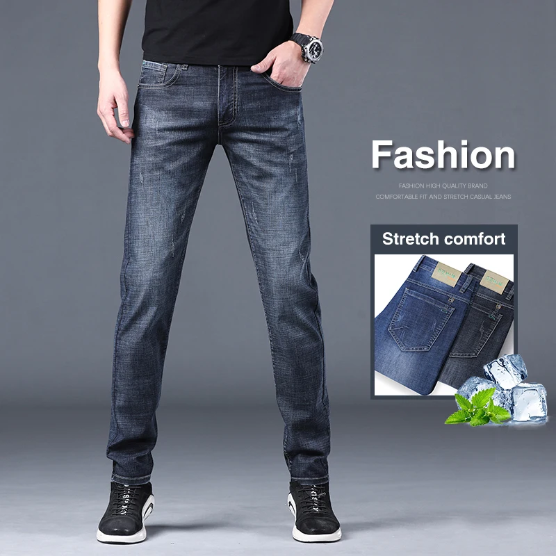 

Summer Thin Elastic Cotton Men's Jeans Fashion Korean Scratched Slim Straight Denim Pants Casual Clothes Youth Pencil Trousers