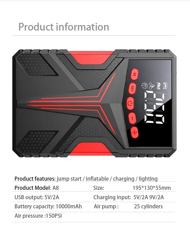 4 In 1 Functions Portable Car Jump Starter Battery Pack With Air Compressor Jump Start Box Tire Inflator Air Tire Pump