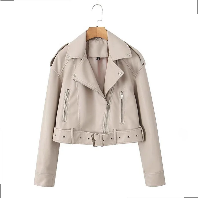 Vintage Motorcycle Leather Jackets Women Short Belt Faux Leather Bomber Coats Spring Summer