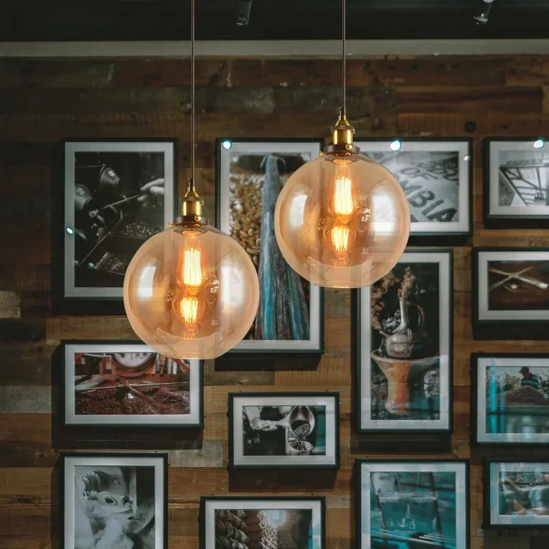 

Pendant Vintage Lights Amber Glass Pendant Lamp E27 Edison Light Bulb Dinning room Kitchen Home Decor Planetarium Lamp