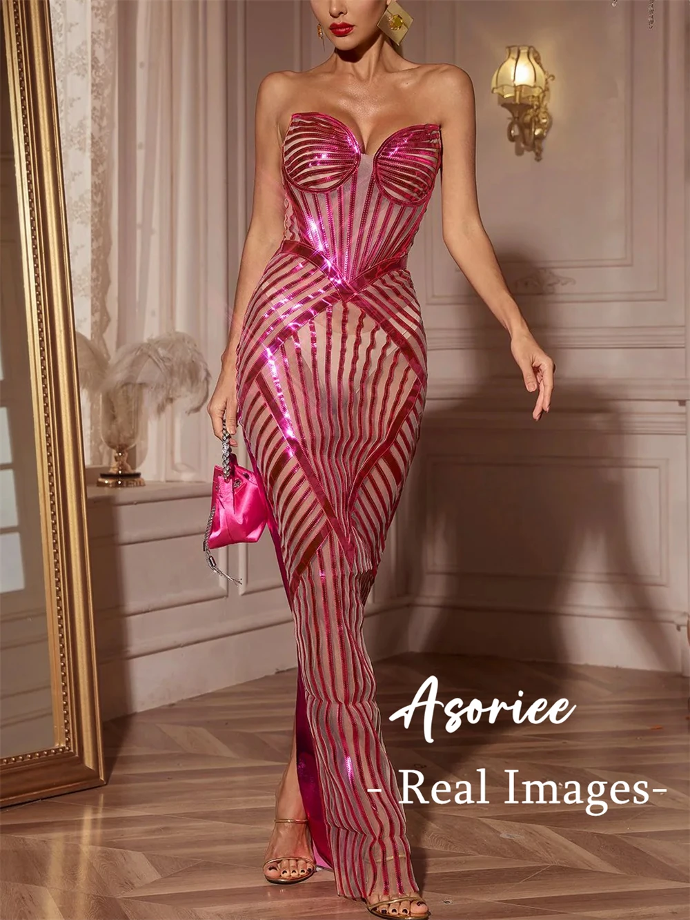 

Asoriee - Sequined Cut Out Maxi Dress for Women, Strapless Sheath Formal Occasion Dresses, Zipper Back Women's Formal Party Gown