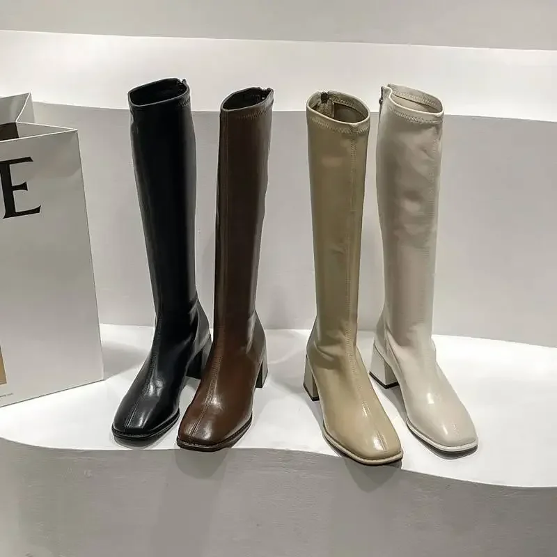 Knee High Boots Women Fleece Chunky 5CM High Heels Back Zipper Thigh High Boots Pu Leather Shoes Fashion Winter Long Boots