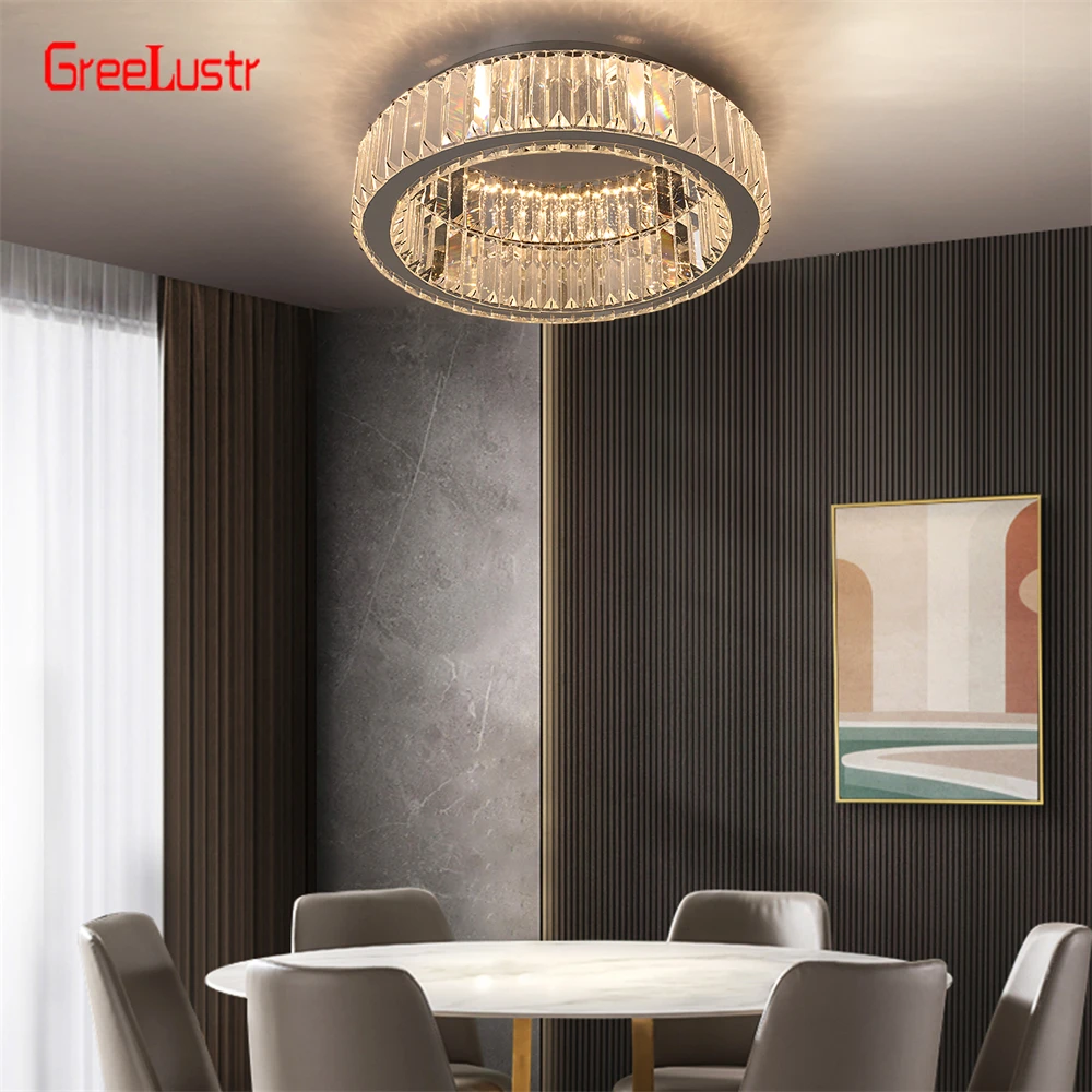 Modern Big Crystal Round Led Chandelier Dimmable Ceiling Light Fixture with Remote for Foyer Hall Bedroom Indoor Lights  Lustres