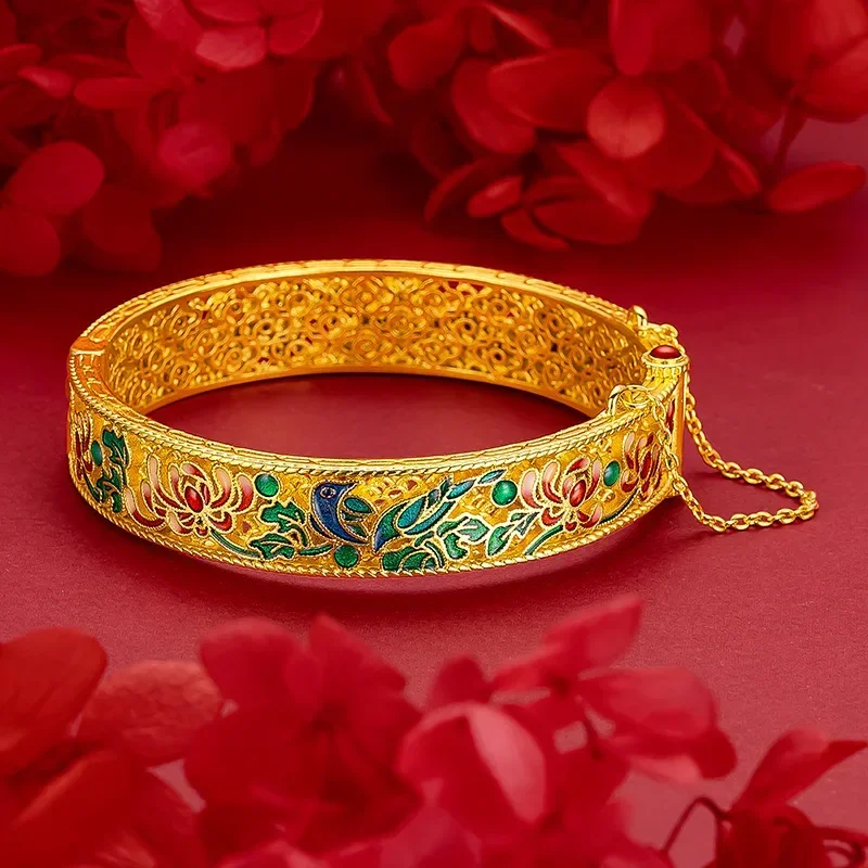 

9999 Real Gold 24K Ancient Flower Silk Hollow Flower and Bird Gold Bracelet Premium Enamel Burnt Blue Court Wind Flower Silk