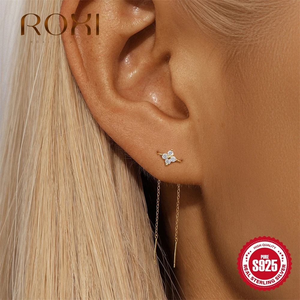 

ROXI 925 Sterling Silver Four Leaf Flower Tassel Diamond Double Chain Earrings For Women Dainty Luxury Fine Jewelry