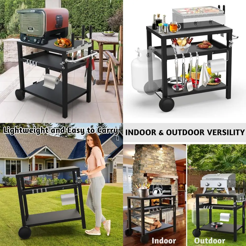 

Portable Outdoor Grill Cart with 3 Shelves for Woodfire Pizza Ovens and Griddles, Ideal for Camping and Picnics