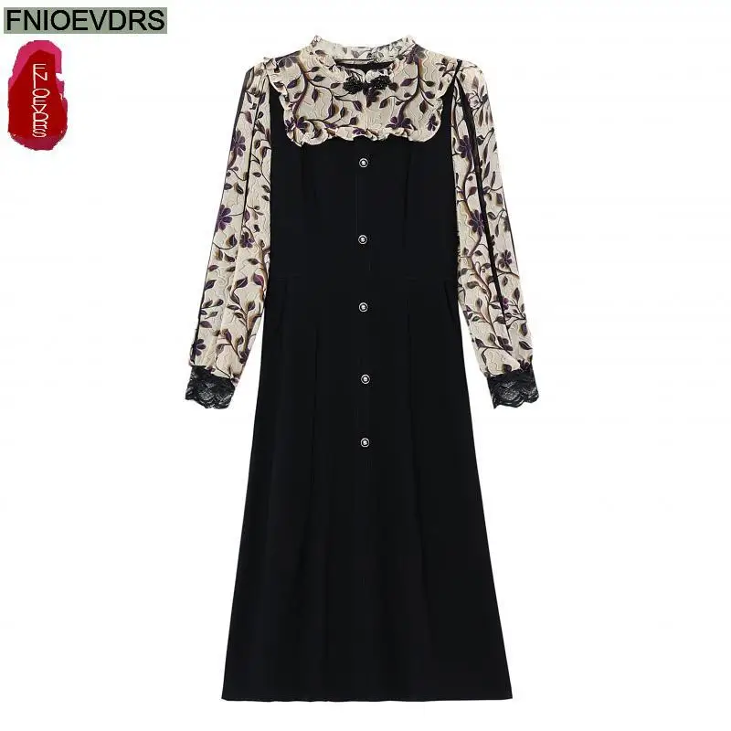 Fashion European Style Women 2024 Autumn Elegant Office Lady Bow Shirt Dresses Retro Vintage Ruffles Floral Print Long Dress