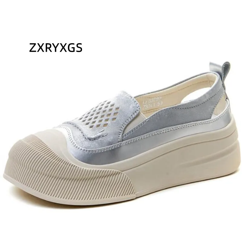 ZXRYXGS 2024 New Round Toe Patent Leather Hollow Summer Women Sandals Sneather Platform Shoes Breathable Casual Elevated Sandals