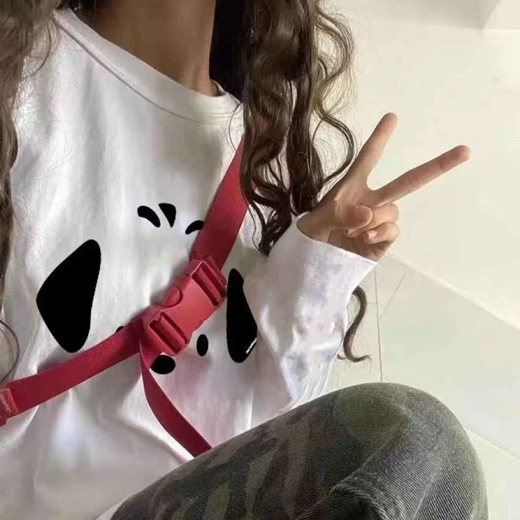 เสื้อยืดแขนยาวผู้หญิงคาวาอิสไตล์ญี่ปุ่นเสื้อผ้าฝ้ายรัฟเฟิลเฮ็มสลิมฟิตผ่อนคลายพอดีเย็บปะติดปะต่อลูกไม้ฤดูใบไม้ร่วงทุกวัน