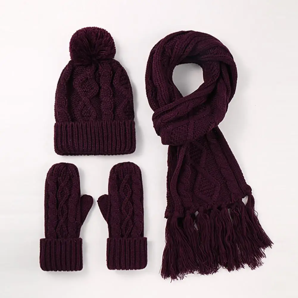 

Windproof Knit Hat Set Winter Hat Scarf Gloves Set Women's Winter Hat Scarf Gloves Set Thick Knitted Heat Retention Tassel Decor