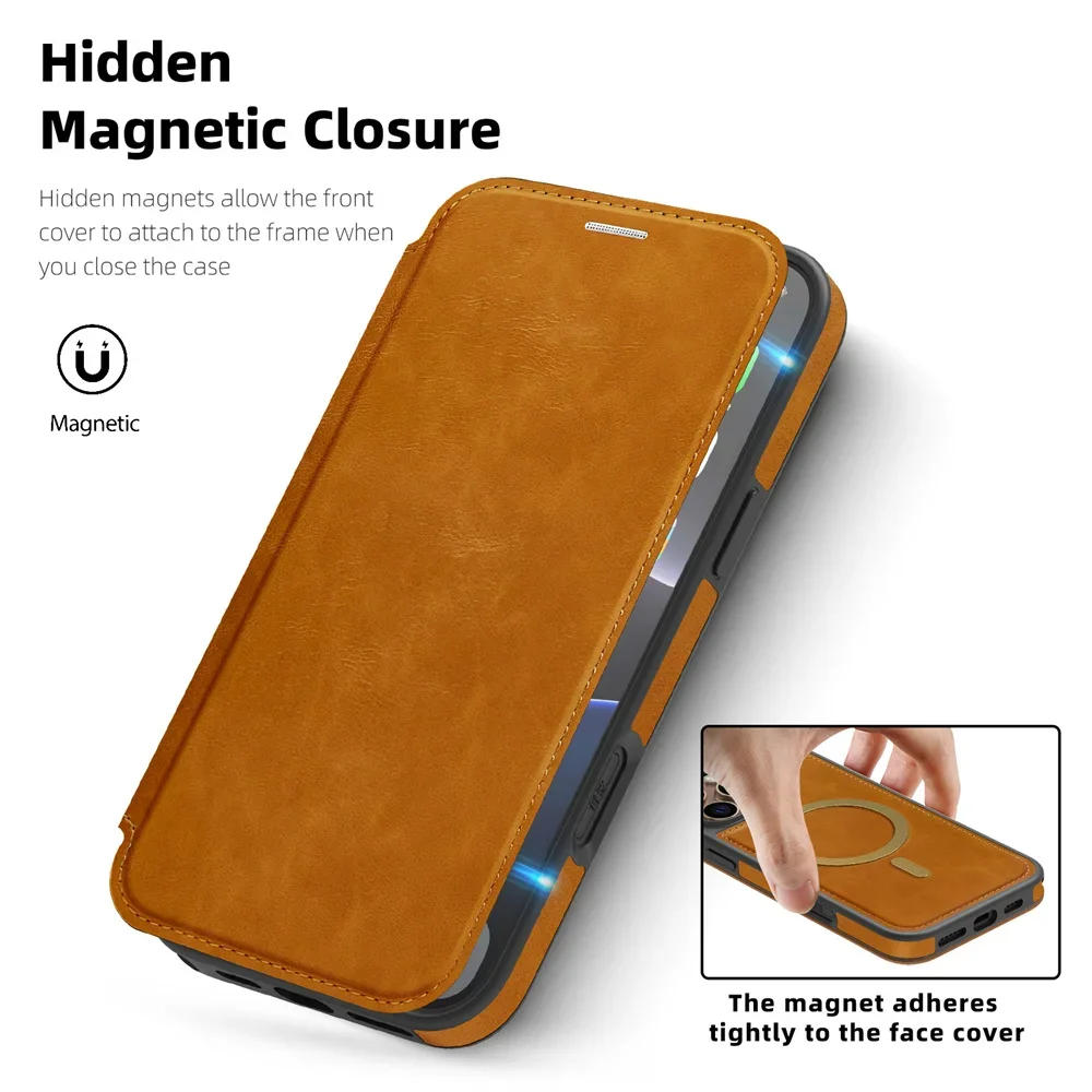 

For MagSafe Flip Leather Phone Case for IPhone 16E 16 15 Plus 14 13 12 11 Pro Max RFID Blocking Wallet with Card Holder Cover