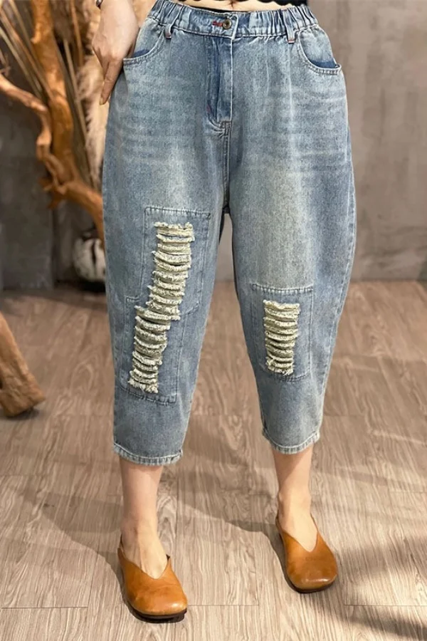 

Retro Distressed Washed Ripped Jeans Women Summer Oversized Straight Leg Slim Effect Elastic Waist Versatile Haren Pants M240