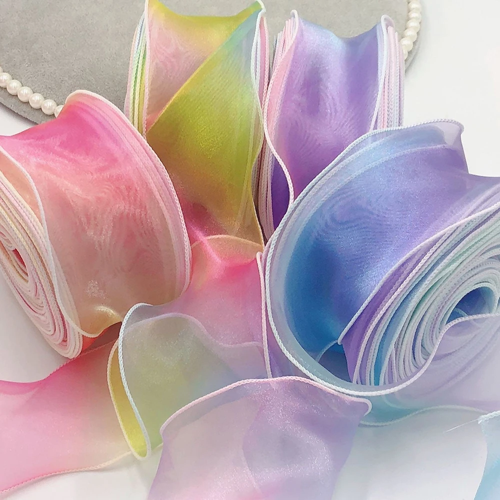 10Yards 6CM Gradient Rainbow Organza Ribbon Gift Wrapping Handmade Bow Homemade Children\'s Hairpin Wedding Accessories
