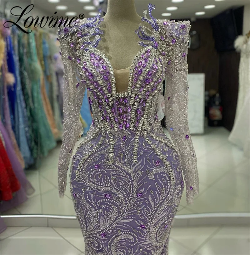 Aso Ebi Crystals Mermaid Prom Dress Purple Beaded Sequined Long Sleeves Arabic Evening Dresses 2024 Customized Robes De Soiree