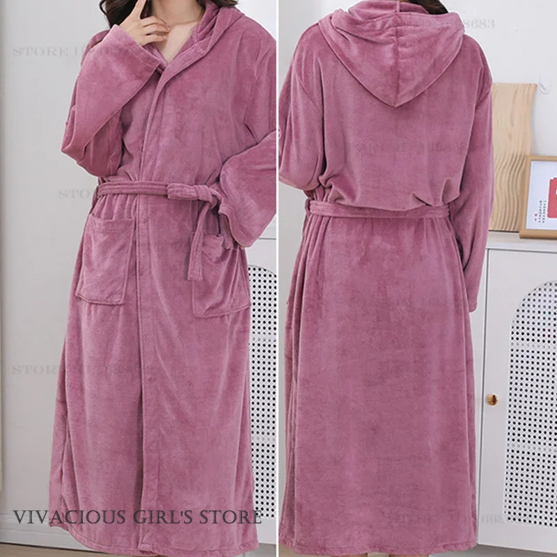 

Фланелевой длинный халат с капюшоном, женская одежда для сна, утепленная ночная рубашка, домашняя одежда, свободный халат из кораллового флиса, осенне-зимняя одежда для дома