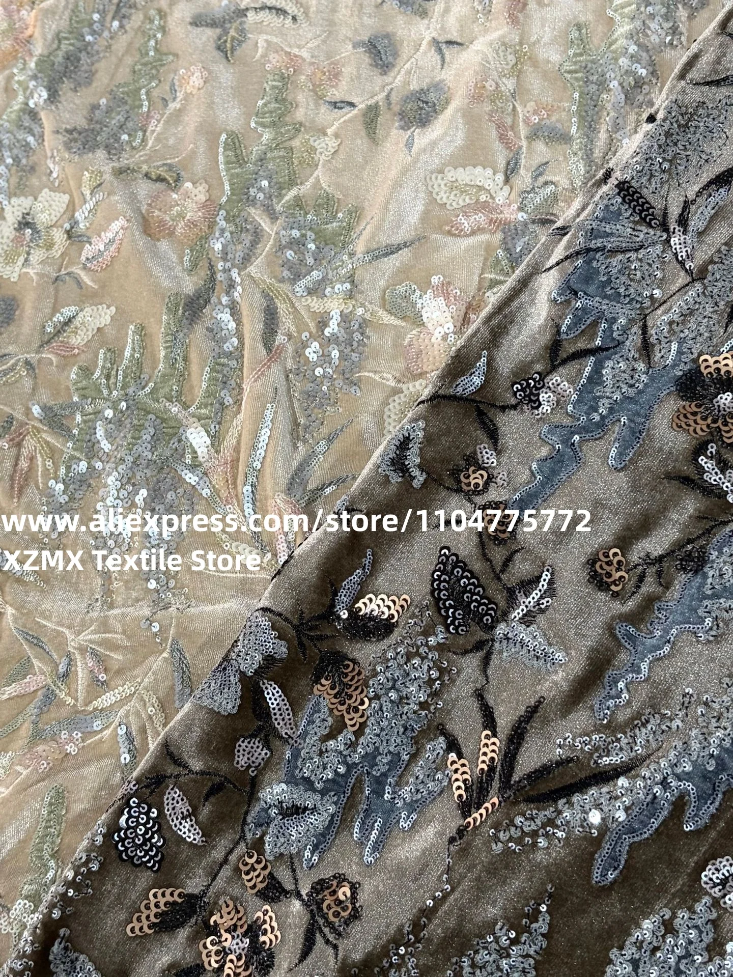 Luxury Sequined Floral Embroidered Velvet,Vintage Botanical Leaf Pattern Velvet Fabric,For Formal Dress Sewing Projects