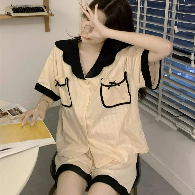 Ins Style New Korean Version of Premium Pajamas Women's Bows Simple and Sweet Dormitory Set Summer Short-sleeved Loungewear