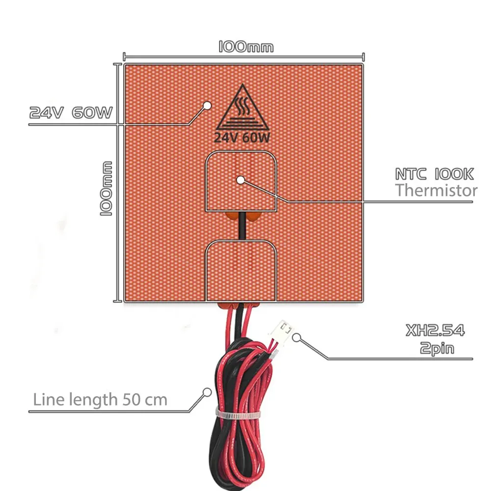 Cama aquecida da esteira 24v 60w 100x100mm do aquecimento da almofada do calefator do silicone da impressora 3d com termistor de ntc 100k para o cabo de voron 0 0.1 e 60cm