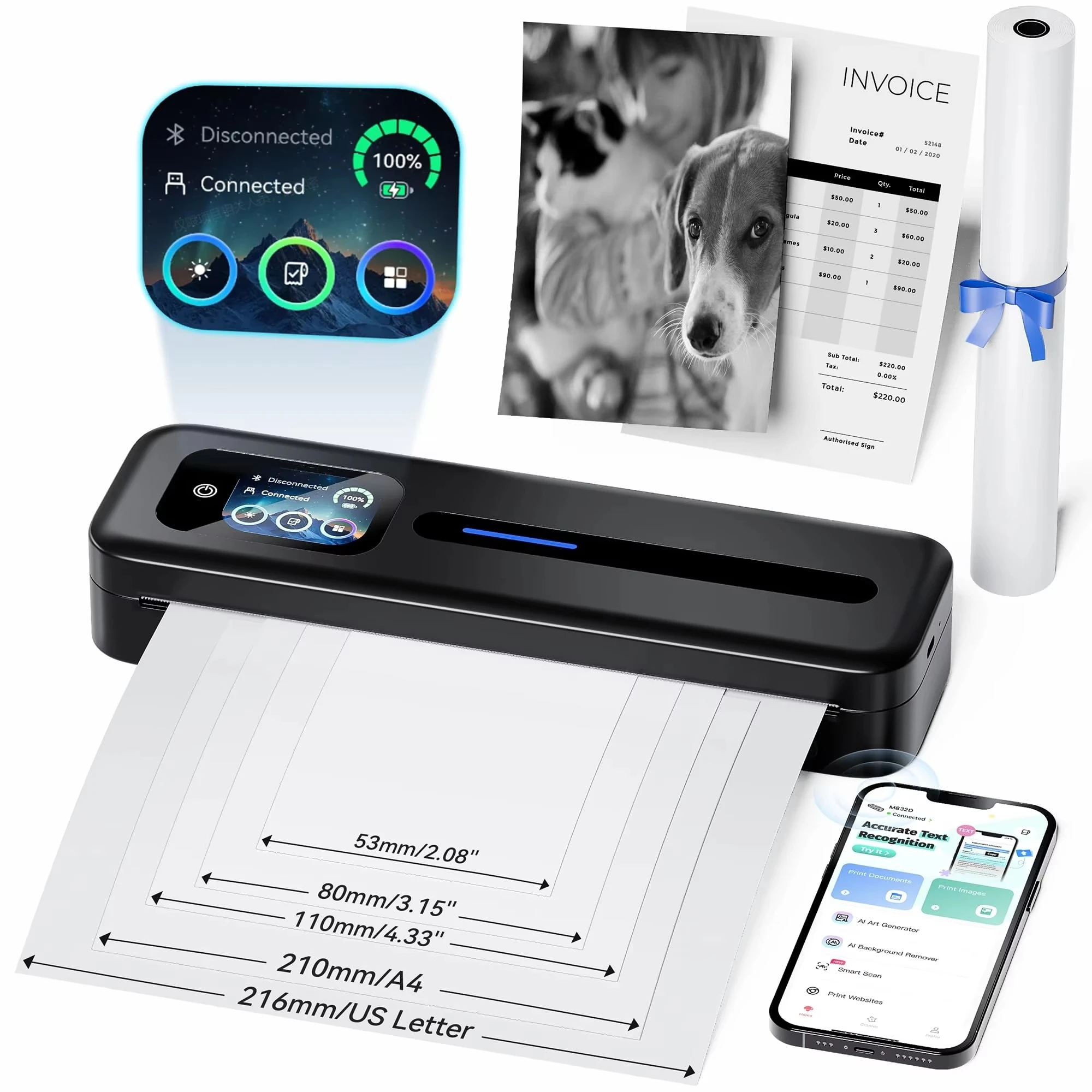 Inkless A4 Thermal Printer M832D, Portable Wireless  Printer 300DPI, for Contracts, Notes, Office Travel