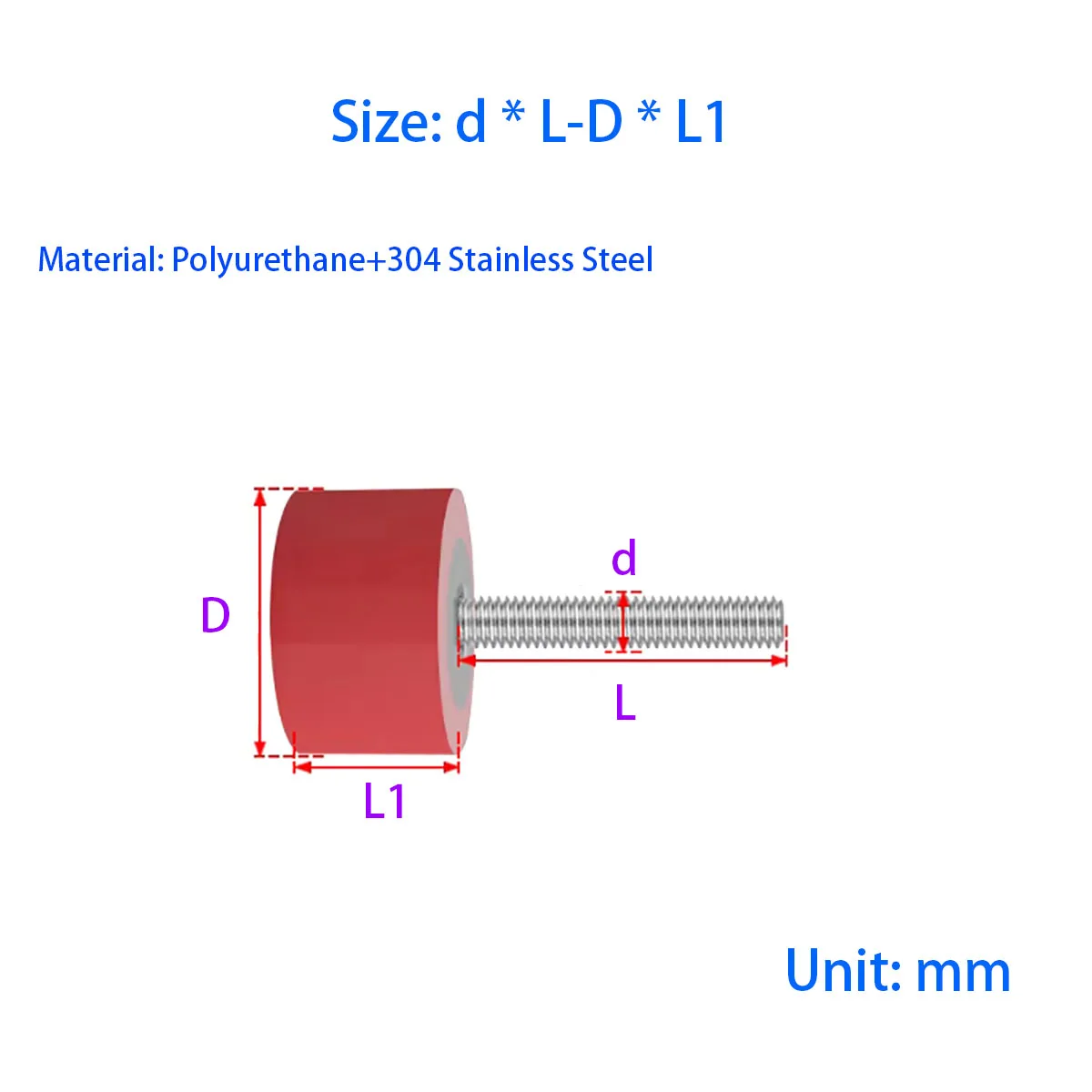 M6-M16 Red 50A PU Coated Bolt, 304 Stainless Steel, Anti-Collision Buffer with Shock Absorption