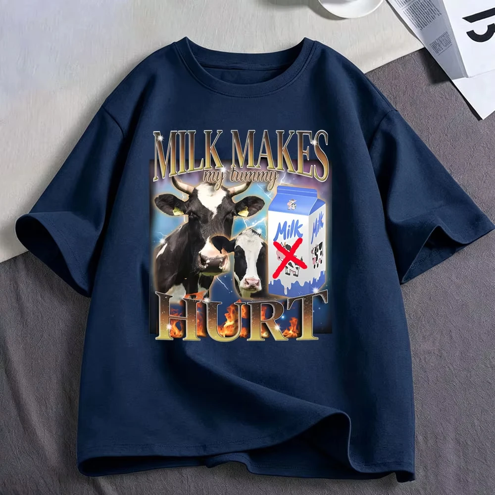 Milk Makes My Tummy Hurt Funny Meme Graphic T Shirts Men's Women Clothing Fashion Cotton Casual Short Sleeve T-shirts Streetwear