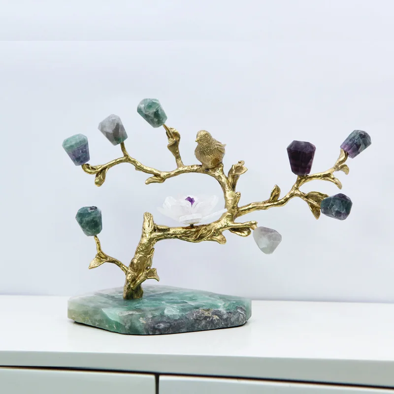 Metal Handicraft Crystal Tree Natural Agate Brass Golden Bird Decorative Figurines Home Decoration Accessories