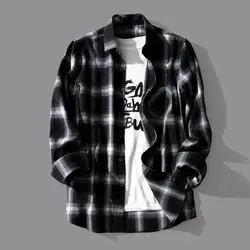 Check Shirts Black White Men Plaid Shirt Coat Turn-down Collar Lapel Single-breasted Autumn Shirt Jacket Oversized Shirts Male