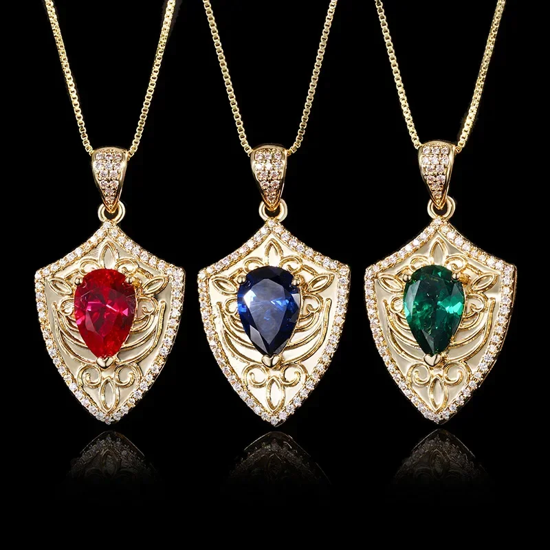 

Gold Shield Pendant Necklace with Red Blue Green Water Drop Gemstones Elegant Women's Jewelry with Zircon Details Gifts Friends