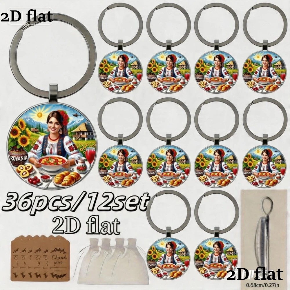 12/24/40 sets de llaveros 2D de zinc con diseño folclórico rumano, con tarjeta y bolsa de gasa, para Halloween, Navidad, cumpleaños, recuerdos de boda para invitados y para la familia