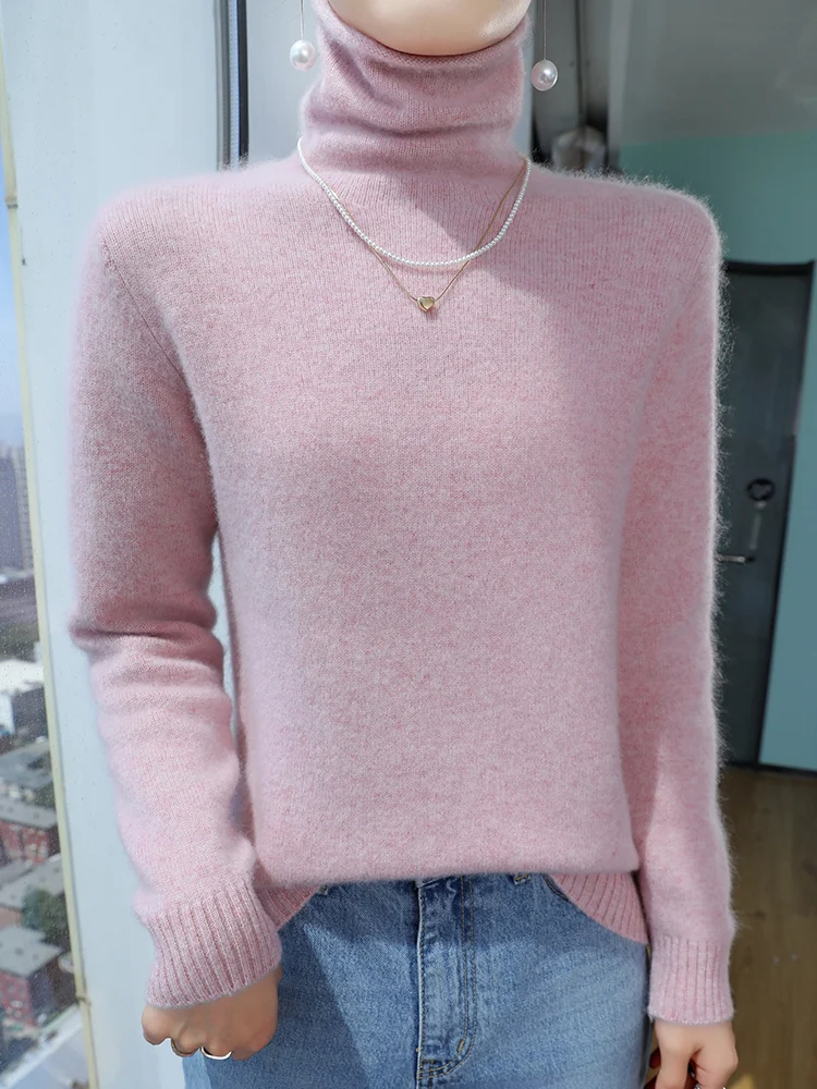 Turtleneck 100% Pure Wool Sweater Ladies Pile Neck Knit Pullover Casual Loose Warm Blouse Autumn Winter Wild Thicken Base Shirt